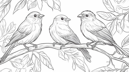 Fototapeta premium Three birds perched on a branch amidst foliage; nature illustration for children's books
