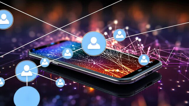 Smartphone on technology background. Neon glowing mobile phone on abstract dark background. Futuristic network connection