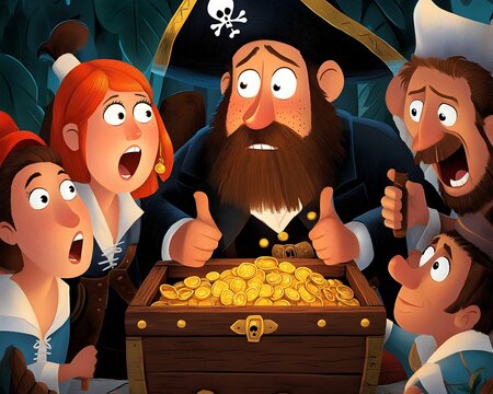 A cartoon of a pirate and his crew looking at a chest full of gold
