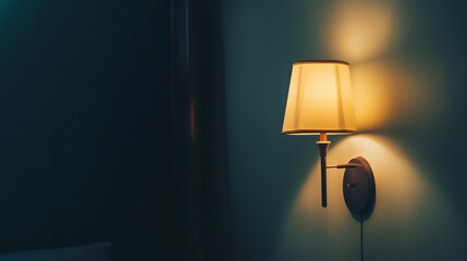 Close up shot of a night lamp next to a hotel bed