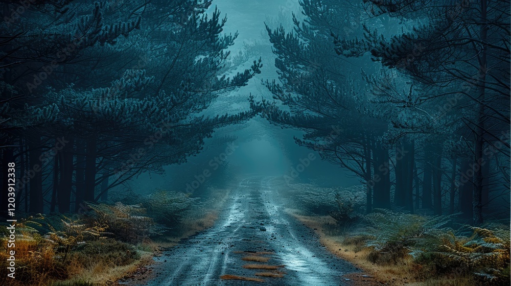 Poster a dense, cloudy forest in the early morning, tall trees with twisted branches and fog covering the g