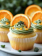 Delightful citrus cupcakes topped with green frosting, orange slices, and zest arranged elegantly for a dessert display at a spring gathering