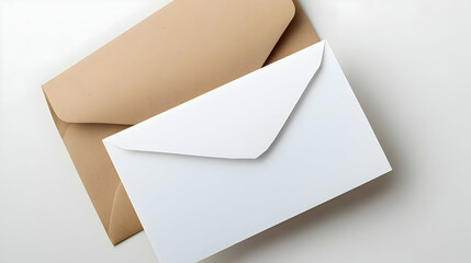 Two blank envelopes on white background; mail, correspondence, communication; office stationery