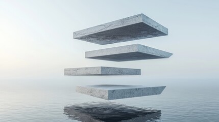 photorealistic minimalistic hovering triangular platforms stacked in a cascading formation over...