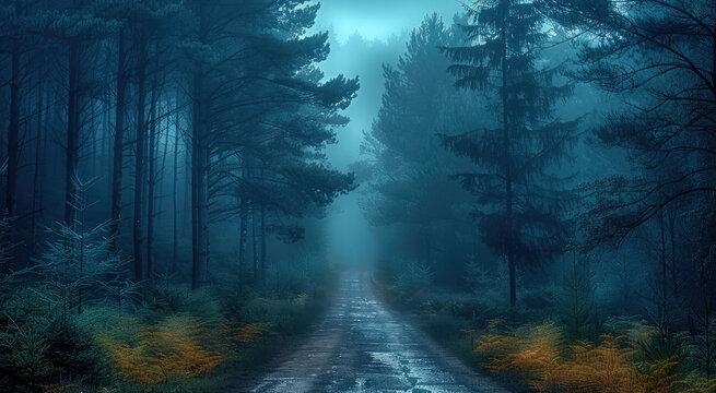 A dense, cloudy forest in the early morning, tall trees with twisted branches and fog covering the ground, an empty dirt road that disappears into the darkness.