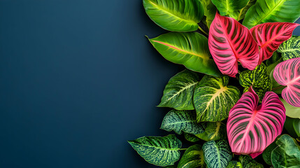 Naklejka premium Vibrant tropical leaves border on dark background; ideal for website banner or social media post