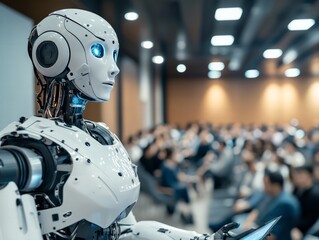 Innovative robot presentation conference hall technology showcase modern environment close-up view future of ai