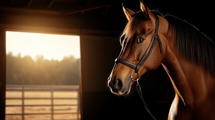 Obraz premium Close up of a brown horse wearing a halter inside a barn with sunlight streaming through an open door illuminating the background at sunset