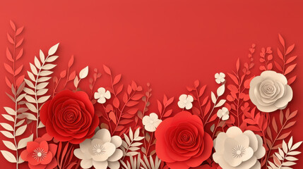 Paper cut layered red and white roses with leaves on vibrant red background
