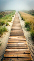 Fototapeta premium A simple path of wooden planks leading across a minimalist sand or grass landscape