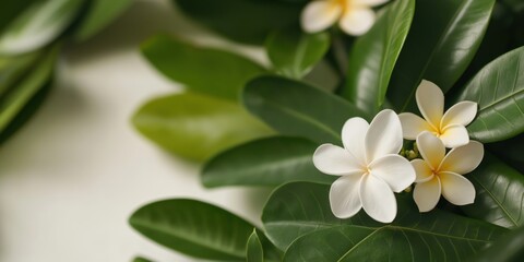 Fototapeta premium Beautiful white flowers surrounded by lush green leaves, capturing nature's elegance and serene beauty.