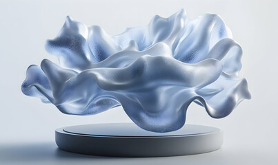 Abstract 3D render of flowing, textured light blue fabric on a minimalist platform.  Perfect for design, technology, or beauty concepts.