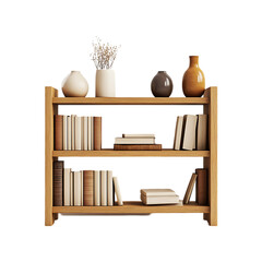 3D realistic wooden bookcase with books and vases on a transparent background. Ai generative
