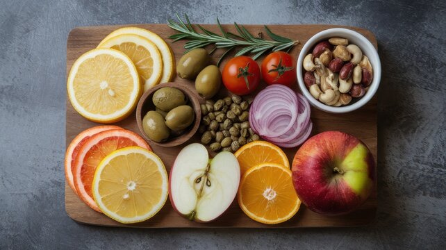 Healthy Food Selection Arranged On Wooden Board