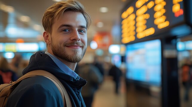 Young man smiles at train station while checking departure information during busy travel rush in autumn