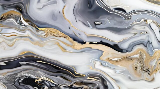 Marble ink slow motion flow abstract background . Smooth agate golden black and white texture.