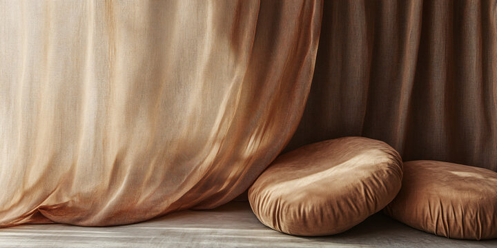 Stylish modern interior with light natral fabric and pillows of brown and mocha mousse color. Banner design template of stylish room, trendy style and advertising of designers and repair with place fo