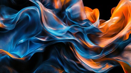 Obraz premium A flowing abstract form with interwoven blue and orange colors creates a dynamic, almost fabric-like appearance against a dark background.
