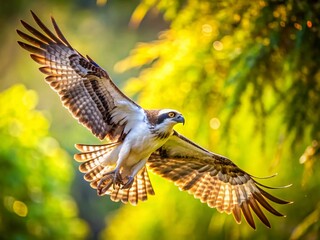 Fototapeta premium Osprey Bird in Flight, Majestic Wings Against Lush Green Background - Stock Photo