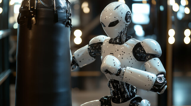 A humanoid robot boxing with a punching bag, its movements precise and powerful