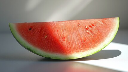 A vibrant slice of watermelon resting on a surface, illuminated by soft natural light, showcasing its juicy texture