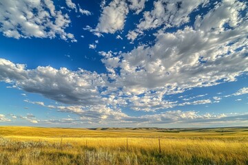 Obraz premium Expansive prairie landscape under a vibrant blue sky filled with fluffy white clouds.