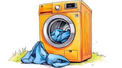 Colorful Washer with Laundry in Grass Environment