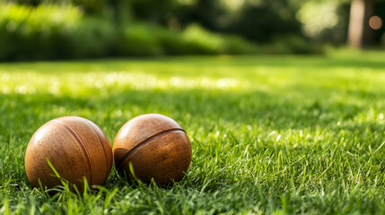 Wooden boules on green grass, park background, sunny day, leisure game