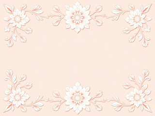 All around, a floral decorative pattern in white and pastel pink tones, symmetrical and harmonious, with a soft background in gradient colors between beige and light pink.