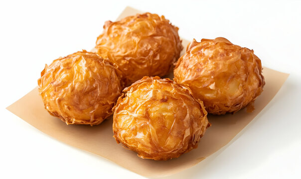 Crispy fried snacks on parchment, white background, food photography, menu use