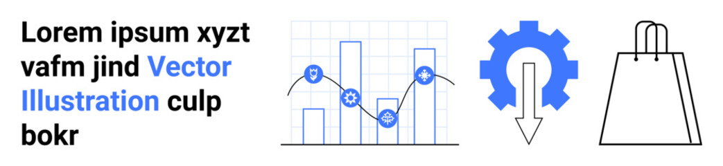Bar and line chart with icons of gear and downward arrow, shopping bag. Ideal for business strategy, data analysis, e-commerce, technology services, market research, productivity tools, technical