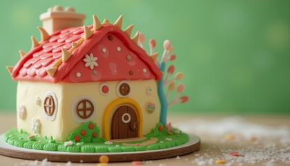 Charming Edible Gingerbread House with Red-Tiled Roof and Pink Door, Surrounded by Candy Decorations in a Whimsical Setting