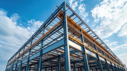 Modern Steel Frame Structure Against Clear Sky Featuring Industrial Design Elements and Innovative Engineering Techniques