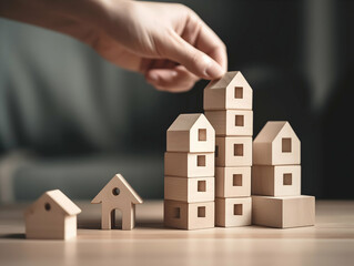A hand places a wooden block house atop a stack of similar blocks, creating a miniature neighborhood on a table.