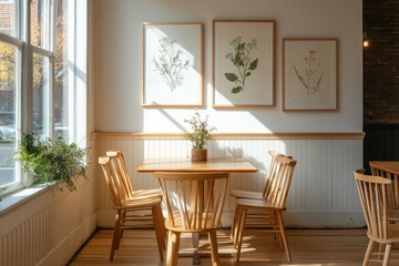 Fototapeta premium Sunny cafe interior, wooden table, botanical prints, city view