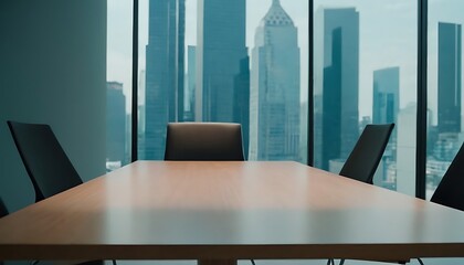 Fototapeta premium Meeting room with view of cityscape sunset,Modern boardroom with large windows overlooking city skyline.,75