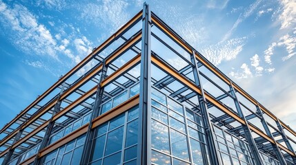 Modern Steel Frame Structure Against a Clear Blue Sky with Reflection Details Showcasing Contemporary Architecture and Building Design