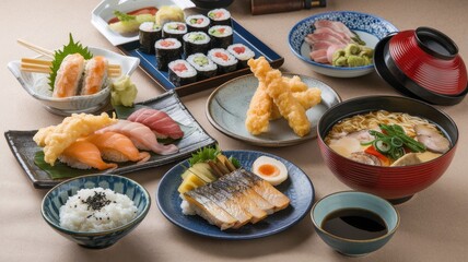 Assorted Japanese Cuisine Delicacies Beautifully Arranged