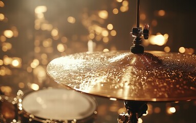 Golden cymbals gleam under warm stage lights, ready for the next beat. Awaiting the drummer's rhythmic touch.