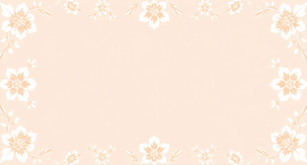 All around, a floral decorative pattern in white and pastel pink tones, symmetrical and harmonious, with a soft background in gradient colors between beige and light pink.