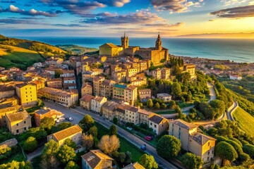 Naklejka premium Panoramic Aerial View of Recanati, Italy overlooking the Adriatic Sea