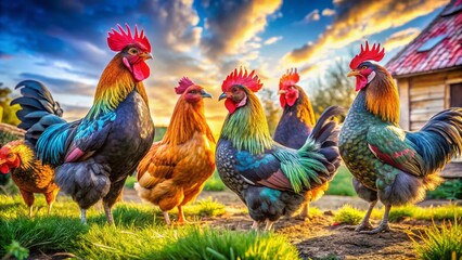Fototapeta premium Panoramic Australorp Chicken Breeds: Colorful Poultry Farm Animals Clipart Set