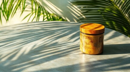 Wooden container on a table with palm shadows.