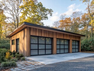 Modern Wooden Garage: A contemporary three-car garage with sleek glass garage doors, clad in warm, natural wood siding, stands majestically amidst autumnal foliage.
