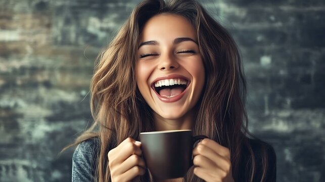 A joyful woman in a corporate environment holding coffee and reacting to a heartwarming message on her laptop