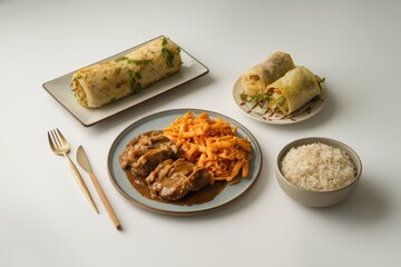 Delicious Asian Fusion Meal With Meat Rice And Rolls
