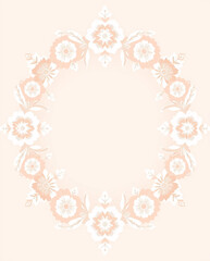 All around, a floral decorative pattern in white and pastel pink tones, symmetrical and harmonious, with a soft background in gradient colors between beige and light pink.