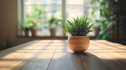 Fototapeta premium Small green plant in a terracotta pot on a wooden table with a blurred window background