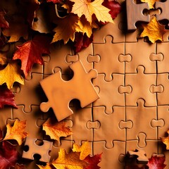 Autumn leaves and a single puzzle piece on a brown puzzle background.