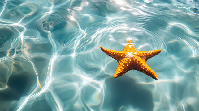 Close-up of a starfish underwater with sunlight filtering through the water's surface
